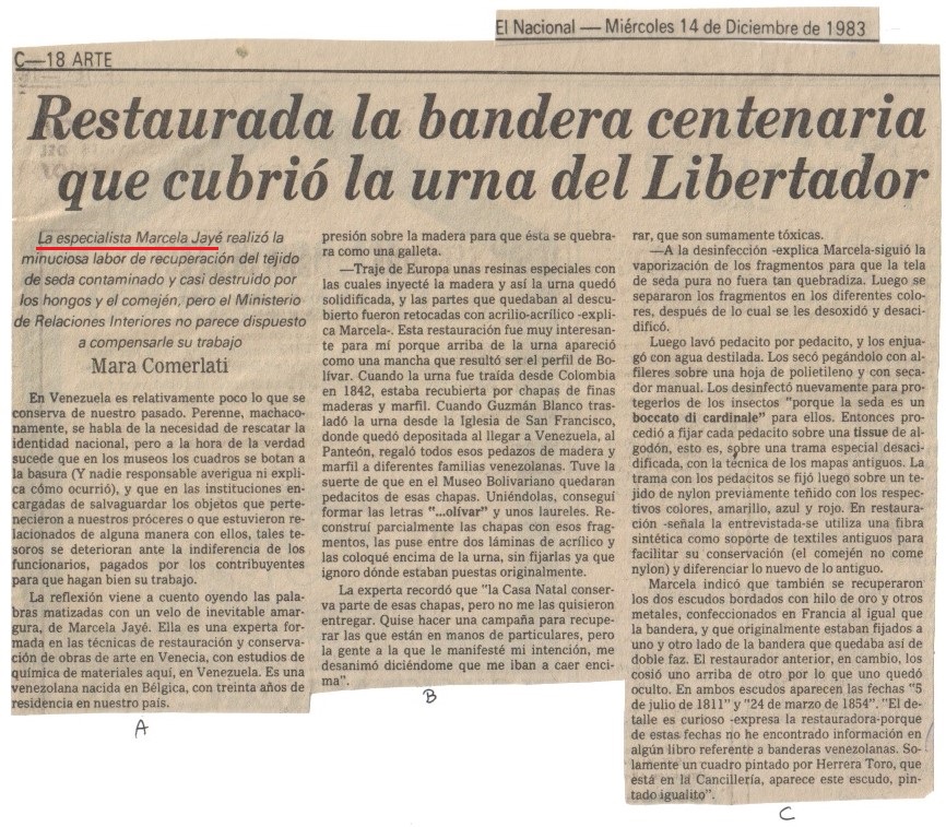 <span style="font-weight: 600"> Restaurata la bandiera centenaria che ricopriva l'urna del liberatore <span style="font-weight: 600"> la specialista Jaye, ha svolto il meticoloso lavoro.